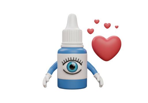 Isolated, eyedrops bottle cartoon with eye logo embraces love heart emotions on white plane
