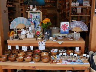 Colorful Japanese Souvenir Display with Fans and Craft Items