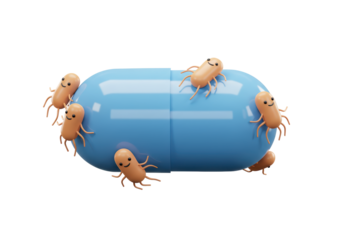 Isolated blue capsule with smiling cartoon bacteria is a whimsical medical concept