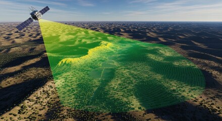 Satellite Scanning Forested Terrain with Green Data Overlay in Aerial View