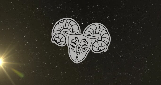 Animation of sheep of aries zodiac sign over star field sky and illuminated flare