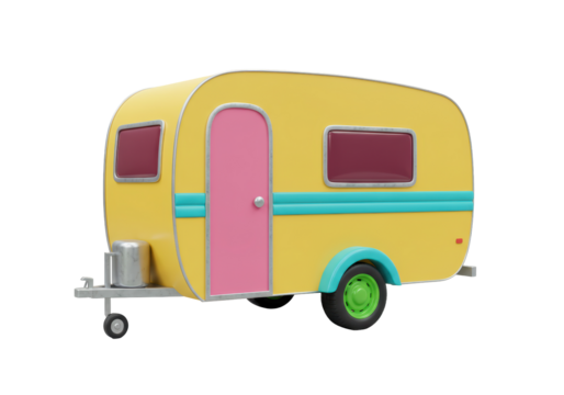 Isolated vintage camping trailer illustration, yellow teardrop camper, side view, retro style