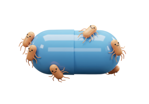 Isolated blue capsule with smiling cartoon bacteria is a whimsical medical concept
