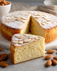 Almond cake slice close up studio shot with powdered sugar and nuts delicious dessert bakery food