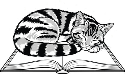 Sleeping Cat: A cute cat with stripes curled up and sleeping peacefully on an open book, with stars floating around.