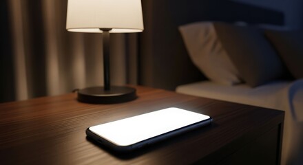 A lit smartphone rests on a nightstand next to a turned-on bedside lamp in a dimly lit bedroom.