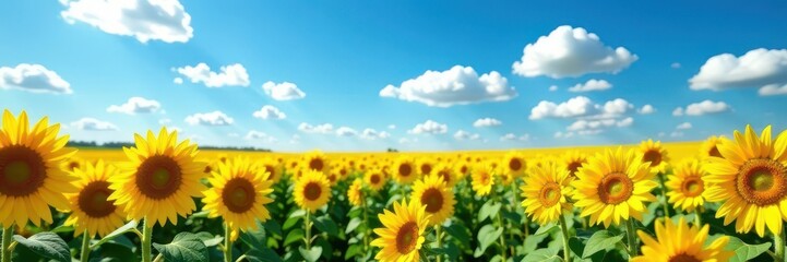 Fototapeta premium Vast sunflower field under a vibrant blue sky dotted with fluffy white clouds , yellow, scenic