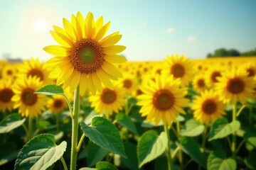 Fototapeta premium Upright sunflower in a sea of drooping sunflowers, sunlit field , sunflower, one, detail