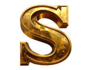  B3D Matte Gold Letter S with Soft Lighting and Shadow, Side Angle, Isolated PNG
