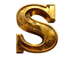  B3D Matte Gold Letter S with Soft Lighting and Shadow, Side Angle, Isolated PNG