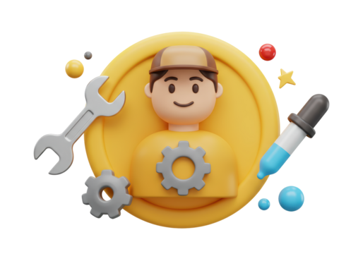 Isolated plumber engineer or mechanic character with wrench cog pipette and golden coin