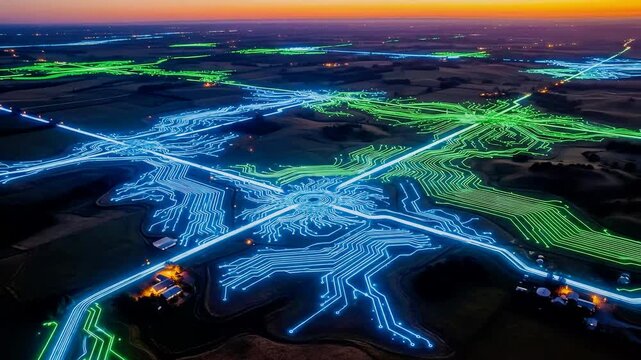 Aerial view of illuminated network lines glowing circuit board effect futuristic technology concept high quality professional