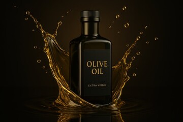 Premium golden olive oil splash with elegant droplets and luxury product photography lighting