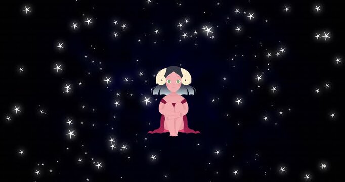 Animation of maiden sitting over glowing stars in sky and representing virgo zodiac sign