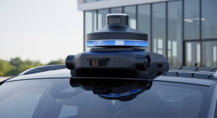 Obraz premium Autonomous Lidar Sensor Mounted on Car Roof in Urban Environment
