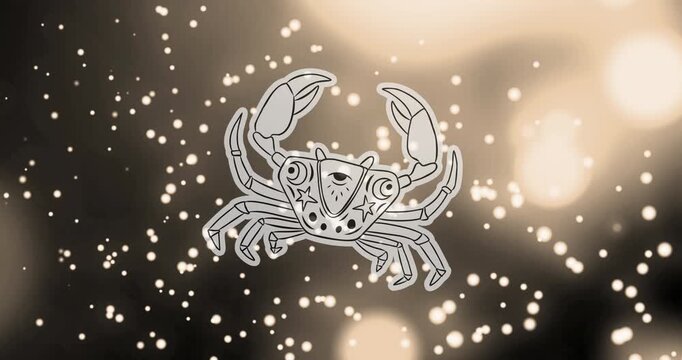 Animation of crab vector of cancer zodiac sign against illuminated particles and lens flares