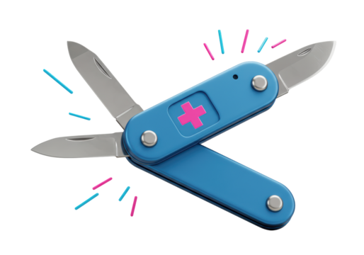 Isolated Swiss army knife with three blades in bright blue, shiny metal, and pink cross