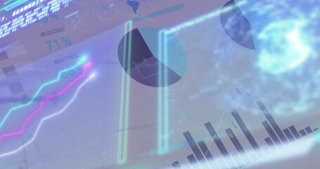 Animation of infographic data processing with graphs, charts, neon lights on digital interface - Powered by Adobe