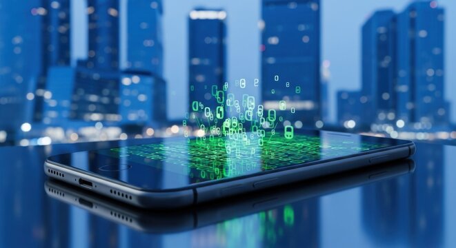 Smartphone with Digital Data Transfer Over Cityscape Background - Powered by Adobe
