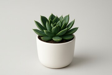 Green Succulent Plant in a White Ceramic Pot on a Light Gray Background leaves rosette