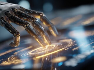 A futuristic robotic hand interacting with a glowing digital interface
