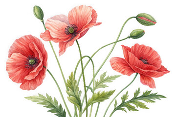 Fototapeta premium Vibrant coral poppy flowers with budding stems delicate petals and green foliage transparent background