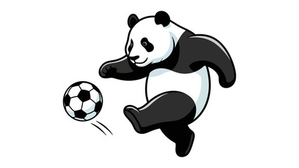Panda Kicking Soccer Ball: A playful panda bear kicking a soccer ball with a black and white motif. Its whimsical depiction captures the spirit of sports and fun.