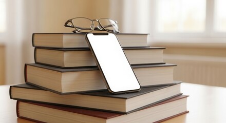 Stack of books with a smartphone and glasses resting on top, suggesting a study or reading environment.