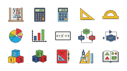 Mathematics icons: A collection of vibrant math icons representing essential tools and concepts, ideal for educational resources.