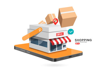 Parcel or cardboard box and pin indicating delivery location fly out of the online store or shop on smartphone app after customer confirms the order, vector 3d isolated for shopping online concept