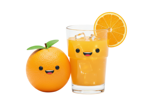 Isolated orange fruit and juice with cartoon faces, refreshing drink on glass cup - Powered by Adobe