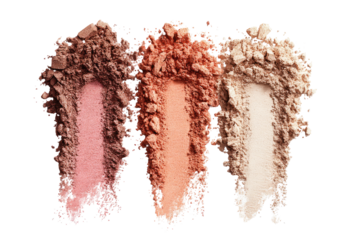 Close-up of three eyeshadows, showcasing various shades of peach and beige.  The loose powder is textured and uneven, highlighting the colors