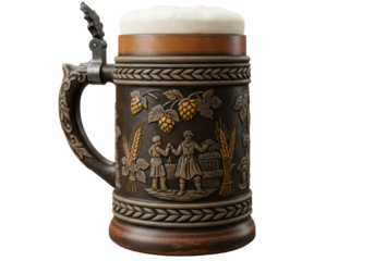 Isolated traditional decorative stein mug with beer, rustic and vintage style object ~86 chars