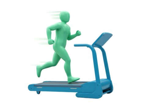 Isolated runner doing treadmill workout, green color man running on blue exercise equipment