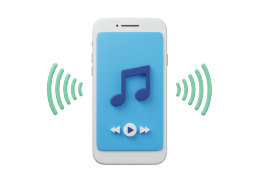 Isolated cell phone with music app symbol emits sounds, audio, melody, or signal waves