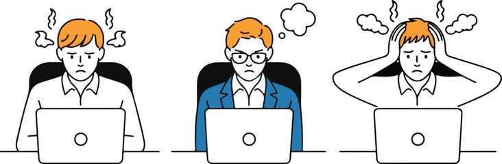 Minimalist line art illustration of three stressed office workers at laptops in a row, showing frustration and stress at workplace