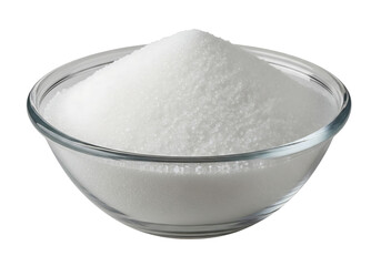 A clear glass bowl filled with fine white granular sugar on a black background