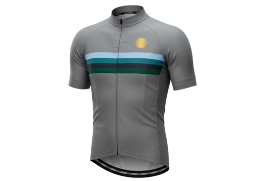 Isolated stylish short-sleeved cycling jersey featuring multiple chest-bands and gold badge