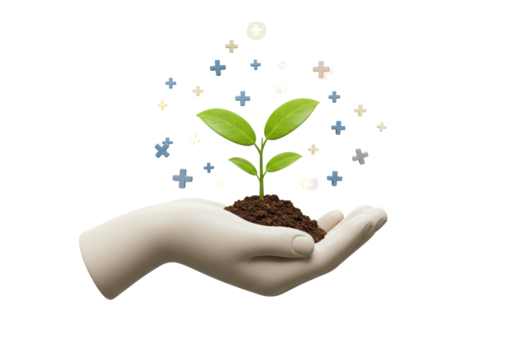 Isolated growing seedling on palm with cross icons symbolising wellness and growth process