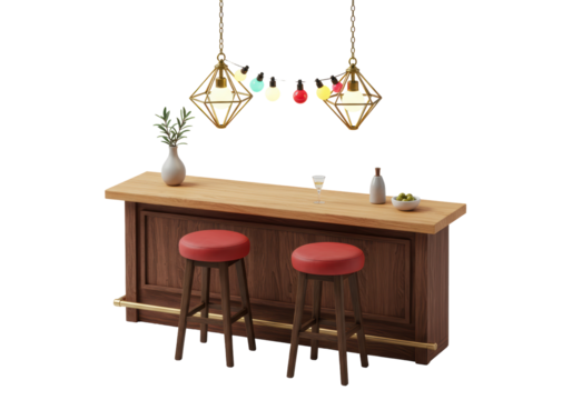 Isolated pub bar with stools, lighting, tabletop decor objects and snacks for party time