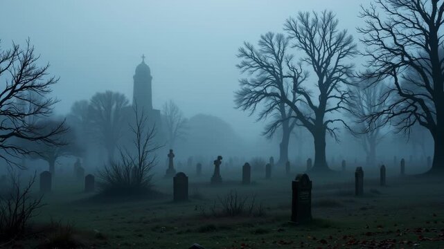 Silent Sentinels: A tranquil, misty atmosphere pervades an ancient cemetery, with rows of aged tombstones and ominous, bare trees silhouetted against the soft light of dawn.