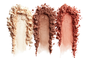 Three shades of loose powder makeup, light beige, medium brown, and deep rose, are shown as piles of crushed texture