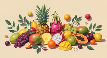 Exotic Fruit Medley A Vibrant Still Life Composition with Tropical Delights and Lush Greenery