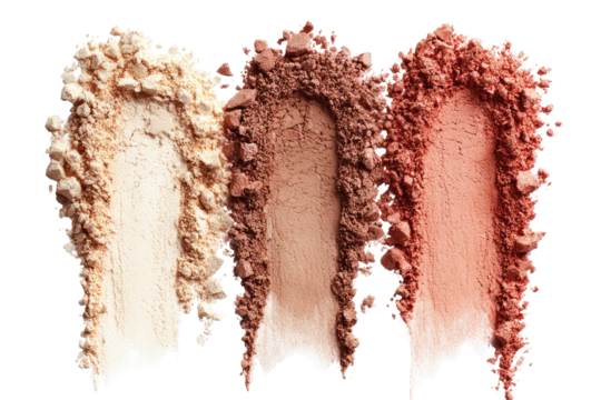 Three shades of loose powder makeup, light beige, medium brown, and deep rose, are shown as piles of crushed texture