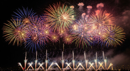 Fototapeta premium Colorful firecrackers lighting up the night sky, festive celebration atmosphere, glowing sparks, smoke effects, vibrant colors, ultra HD, cinematic style
