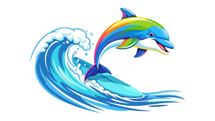 Dolphin's joyful Dance: A radiant, vibrant dolphin leaps with joy, its colors reflecting the playfulness of the sea. It rides atop a cresting wave in a whimsical illustration of marine life.