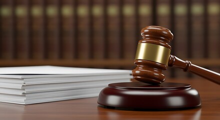 Wooden gavel resting on a sound block with stacked legal books judge justice