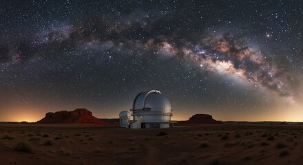 Modern observatory domes situated in a desert landscape beneath the spectacular milky way
