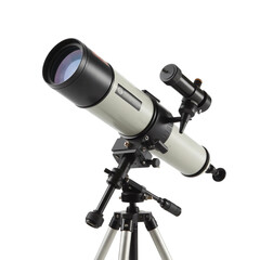 A professional black telescope with a tripod and zoom lens is isolated on a white background