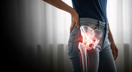 Hip Pain and Anatomy Overlay on Woman, Sciatica, Arthritis, or Bursitis Symptoms